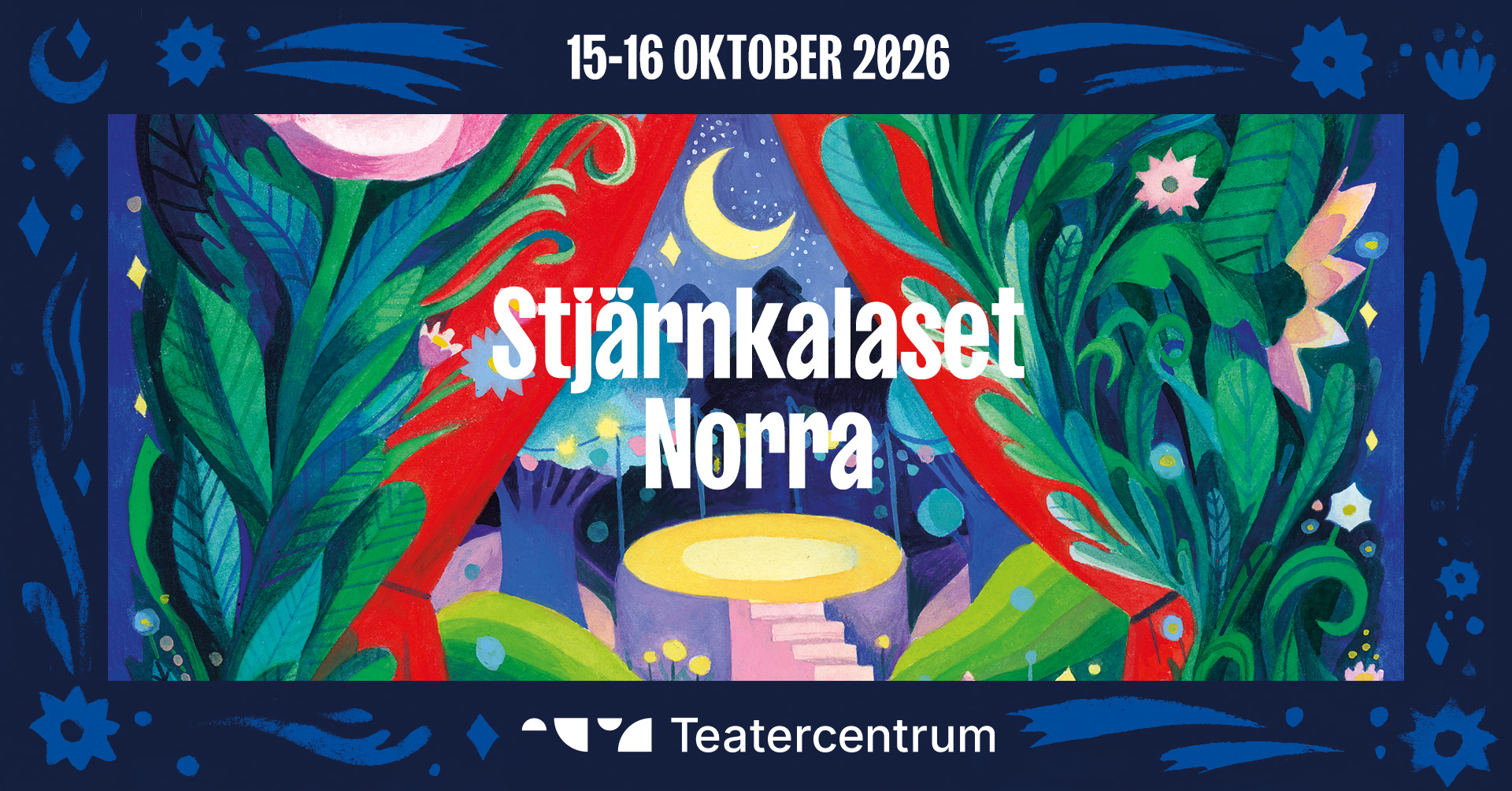Grafisk profilbild fr Stjärnkalaset Norra. Mörkblå ram med blommor och växtlighet som bildar en ridå till en liten rund scen som lyses av månen.