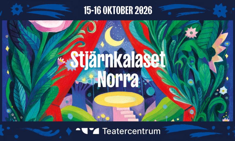 Grafisk profilbild fr Stjärnkalaset Norra. Mörkblå ram med blommor och växtlighet som bildar en ridå till en liten rund scen som lyses av månen.